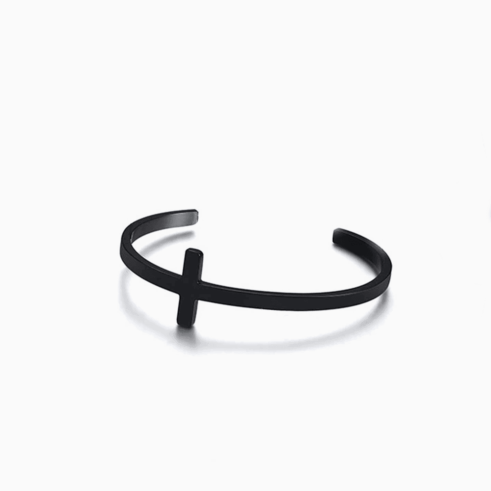 ElegantEdge Unisex - Stainless Steel Open Bangle Bracelet with Minimalist Black Cross