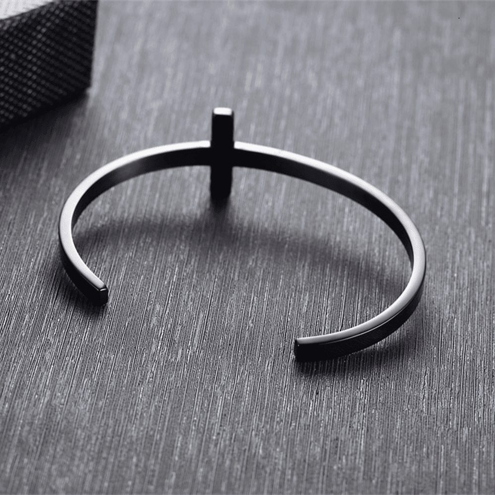 ElegantEdge Unisex - Stainless Steel Open Bangle Bracelet with Minimalist Black Cross