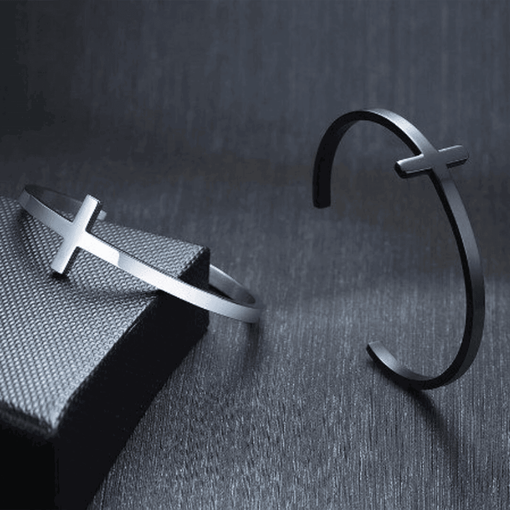ElegantEdge Unisex - Stainless Steel Open Bangle Bracelet with Minimalist Black Cross