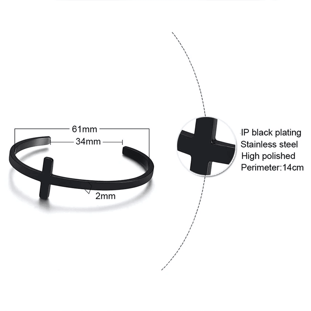 ElegantEdge Unisex - Stainless Steel Open Bangle Bracelet with Minimalist Black Cross