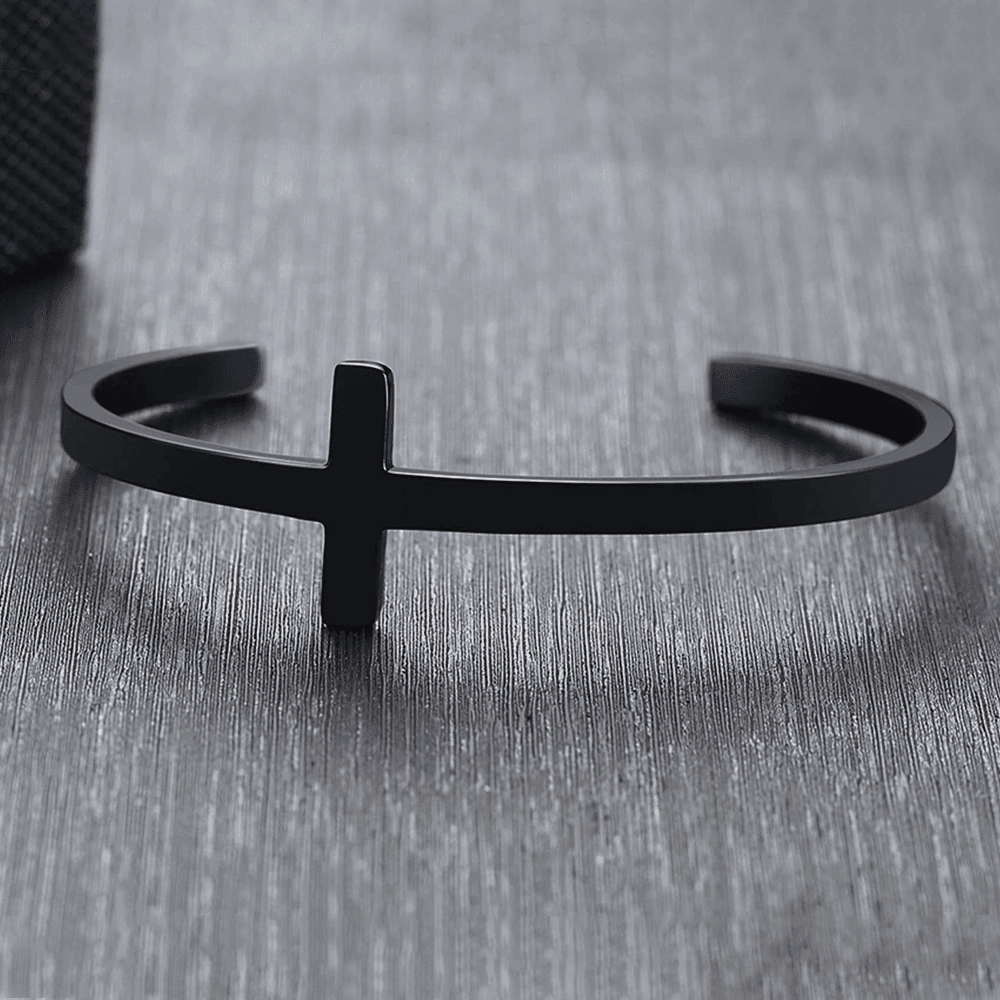 ElegantEdge Unisex - Stainless Steel Open Bangle Bracelet with Minimalist Black Cross