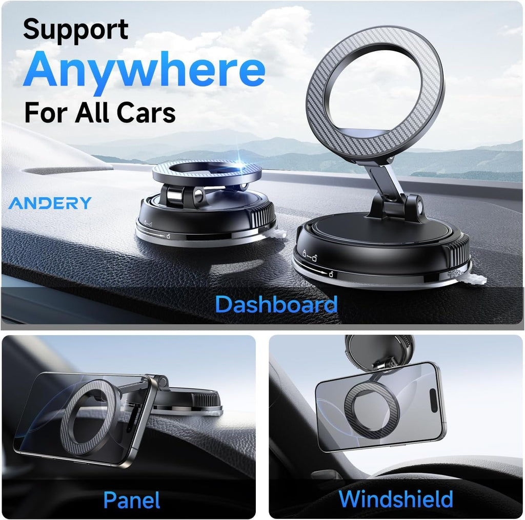 Andery MagSafe Car Phone Holder [78+ LBS Suction & 2400gf Magnetic] 360° Adjustable Mount for iPhone 16/15/14/13/12, Carbon Fiber