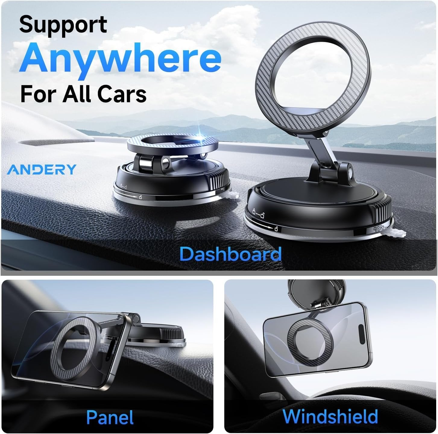 Andery MagSafe Car Phone Holder [78+ LBS Suction & 2400gf Magnetic] 360° Adjustable Mount for iPhone 16/15/14/13/12, Carbon Fiber