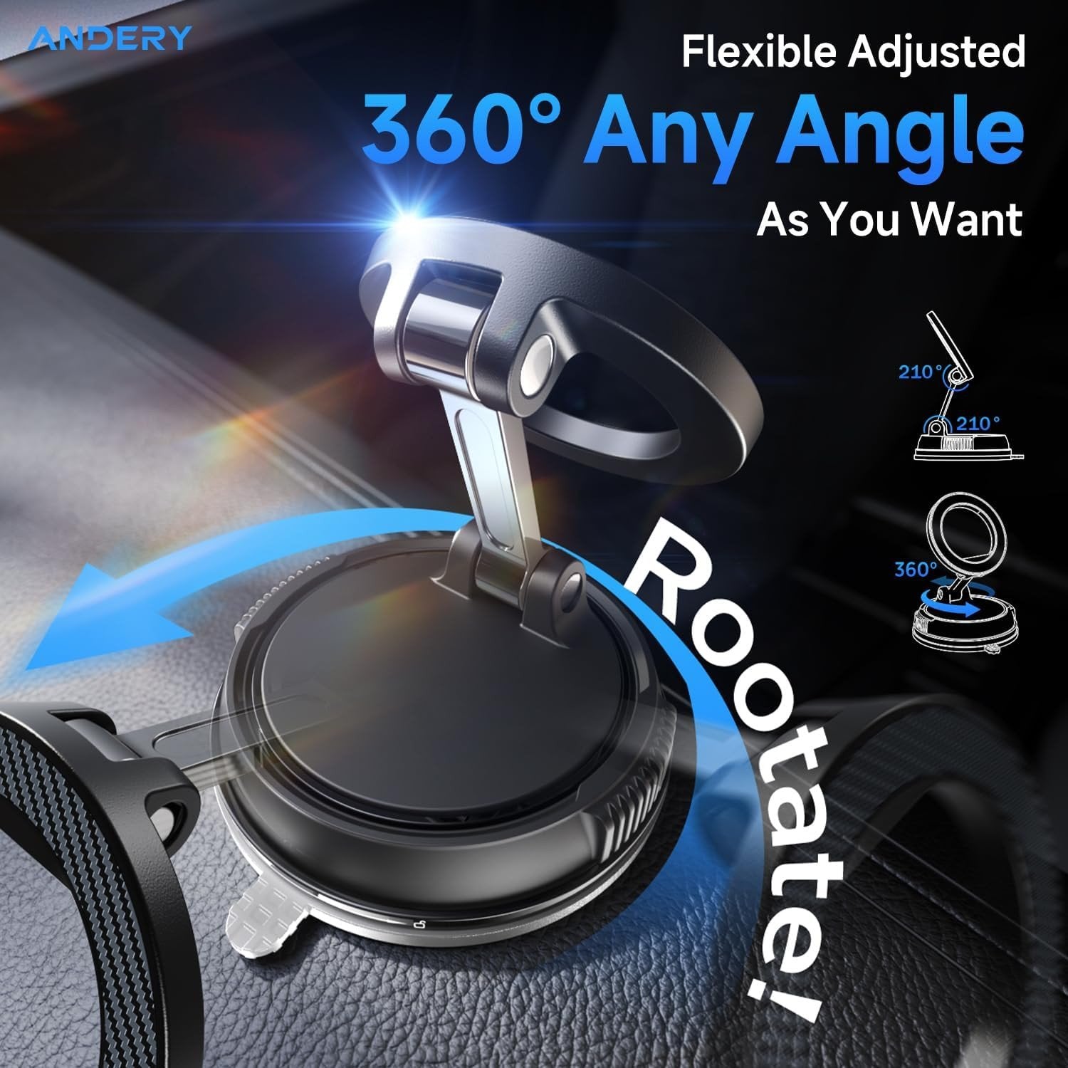 Andery MagSafe Car Phone Holder [78+ LBS Suction & 2400gf Magnetic] 360° Adjustable Mount for iPhone 16/15/14/13/12, Carbon Fiber