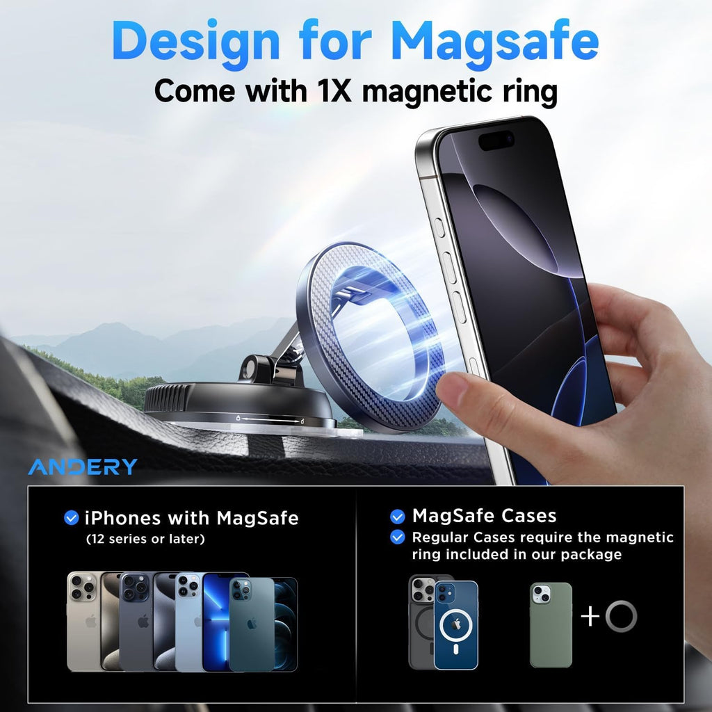 Andery MagSafe Car Phone Holder [78+ LBS Suction & 2400gf Magnetic] 360° Adjustable Mount for iPhone 16/15/14/13/12, Carbon Fiber