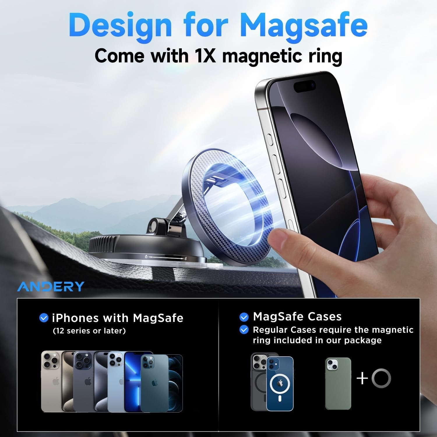 Andery MagSafe Car Phone Holder [78+ LBS Suction & 2400gf Magnetic] 360° Adjustable Mount for iPhone 16/15/14/13/12, Carbon Fiber